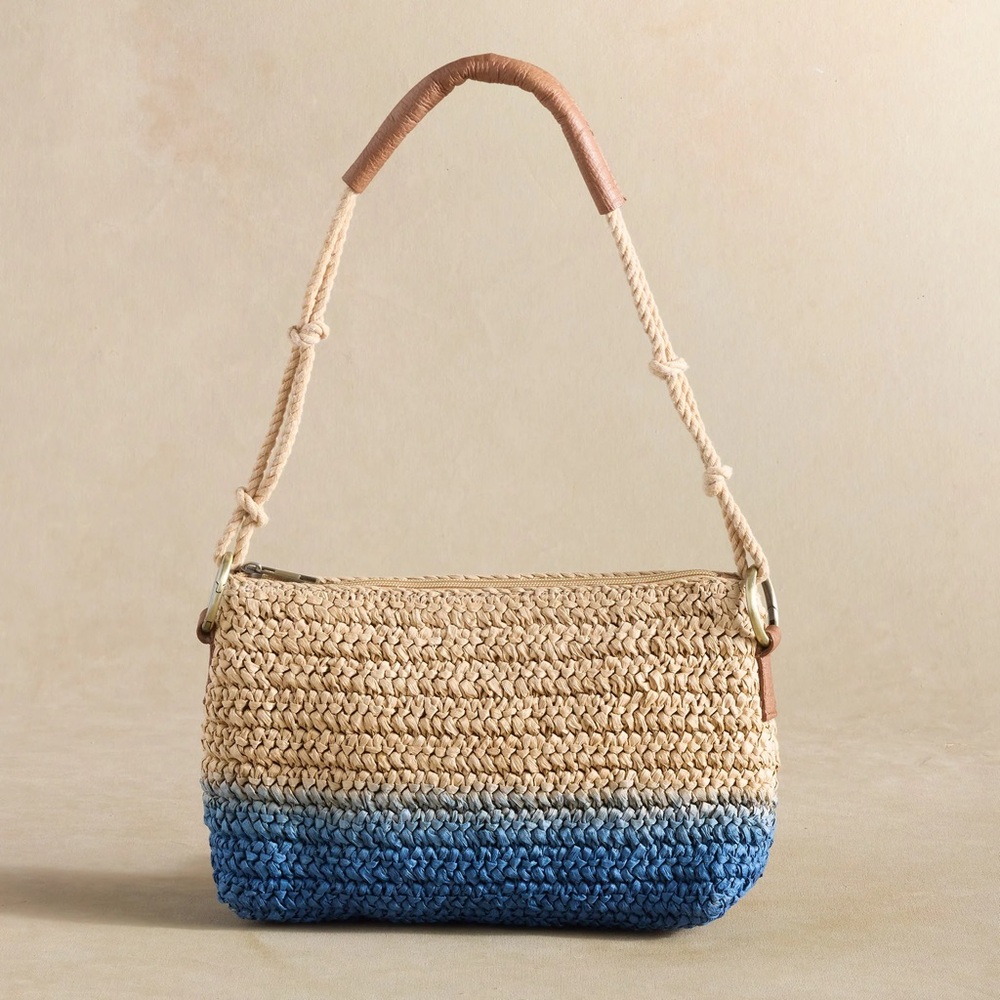 ANABAGLISH Sundance Take A Dip Blue & Tan Raffia Straw Shoulder Bag
